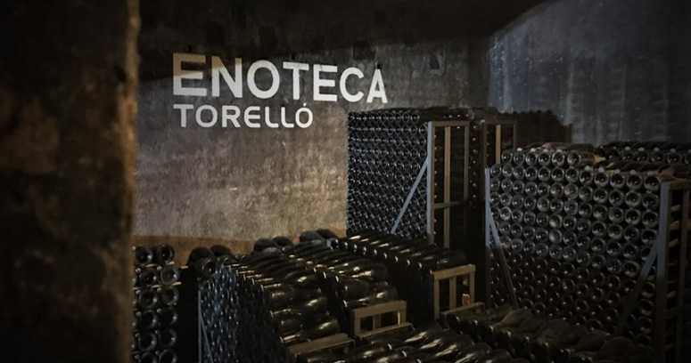 Image of one of the corners of the winery where bottles rest. There is a sign on the wall that says ENOTECA TORELLÓ