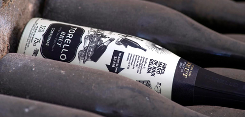 Image of a Corpinnat Torelló Special Edition Barcelona sparkling wine bottle in the winery