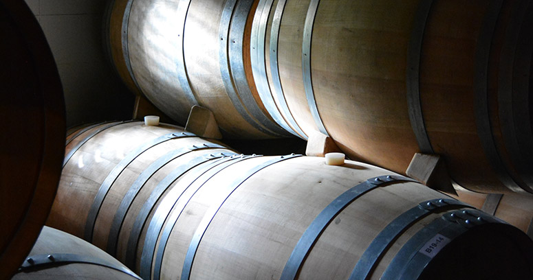 Barricas donde descansan diferentes tipos de vino y espumosos de la bodega