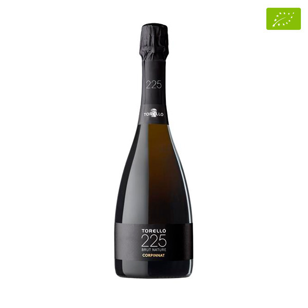 Front view of the Torelló 225 Brut Nature 2016 sparkling wine bottle