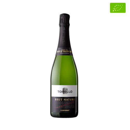 Front view of the Torelló Tradicional Brut Nature corpinnat sparkling wine bottle