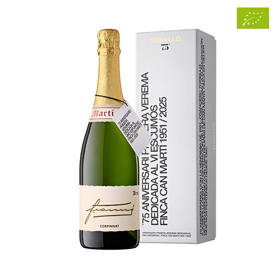 Imatge de l'ampolla de vi escumós corpinnat Torelló 75è aniverari Brut